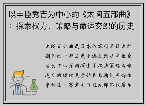 以丰臣秀吉为中心的《太阁五部曲》:探索权力、策略与命运交织的历史传奇 以丰臣秀吉为中心的《太阁五部曲》:探索权力、策略与命运交织的历史传奇